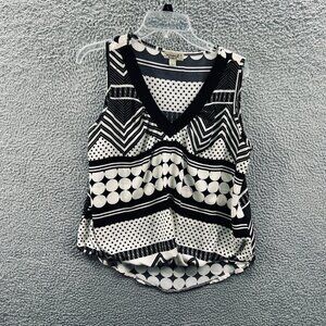 One World Live Let Womens Top Medium Black White Geometric Print Sleeveless